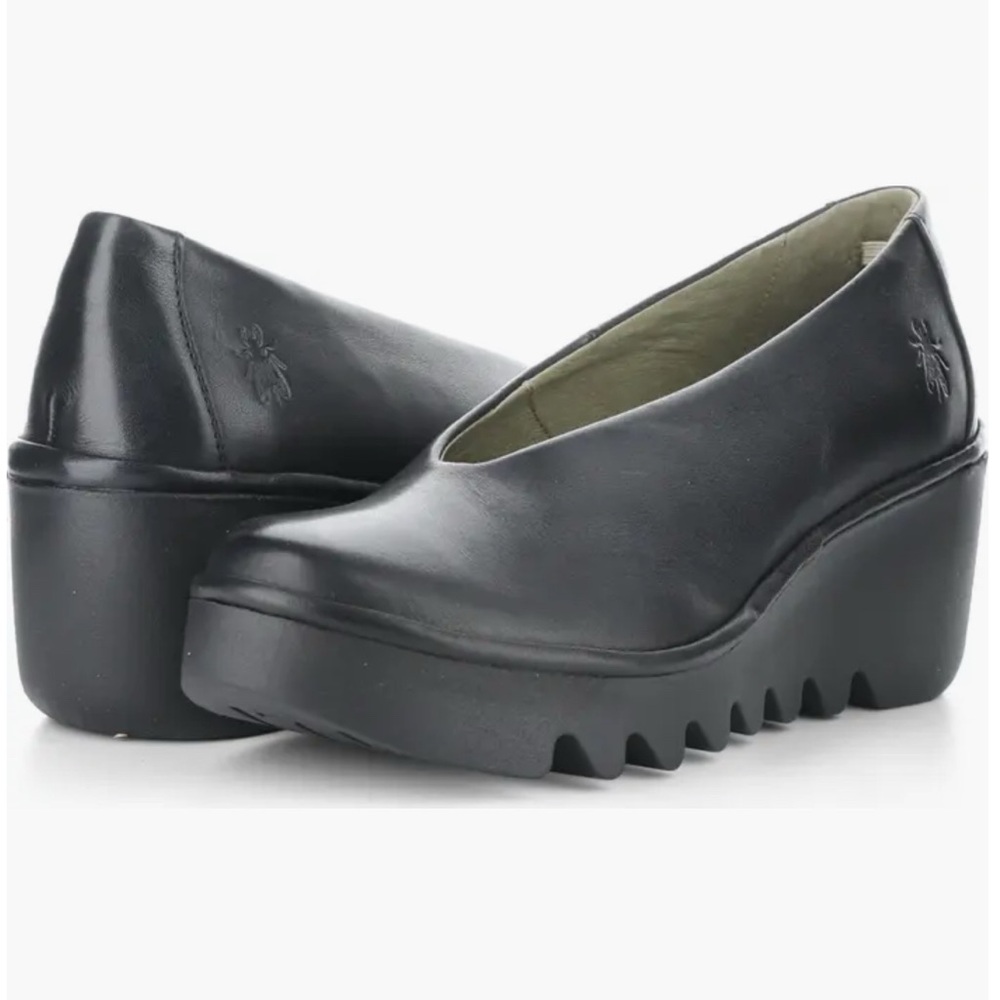 Fly London Beso246fly Wedge Slip-Ons – Black Leather – Size 7